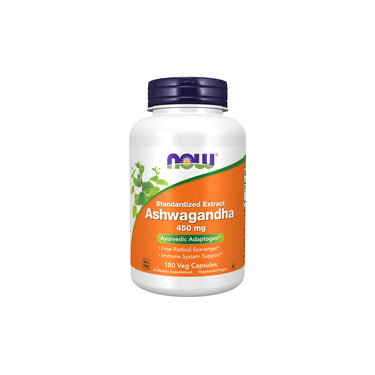 A bottle of Now Foods Ashwagandha Extract 450 mg 180 Vegetable Capsules.